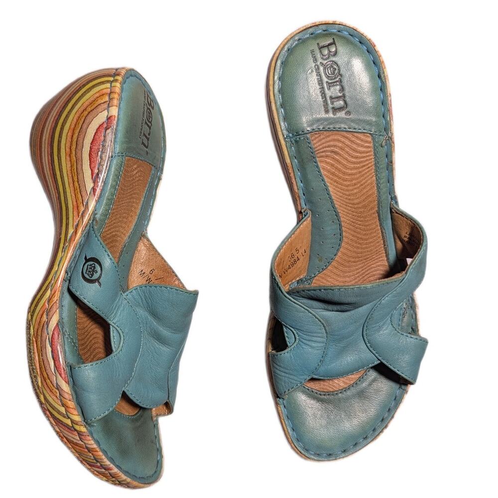 Born Teal Leather Sandals with Striped Wedge